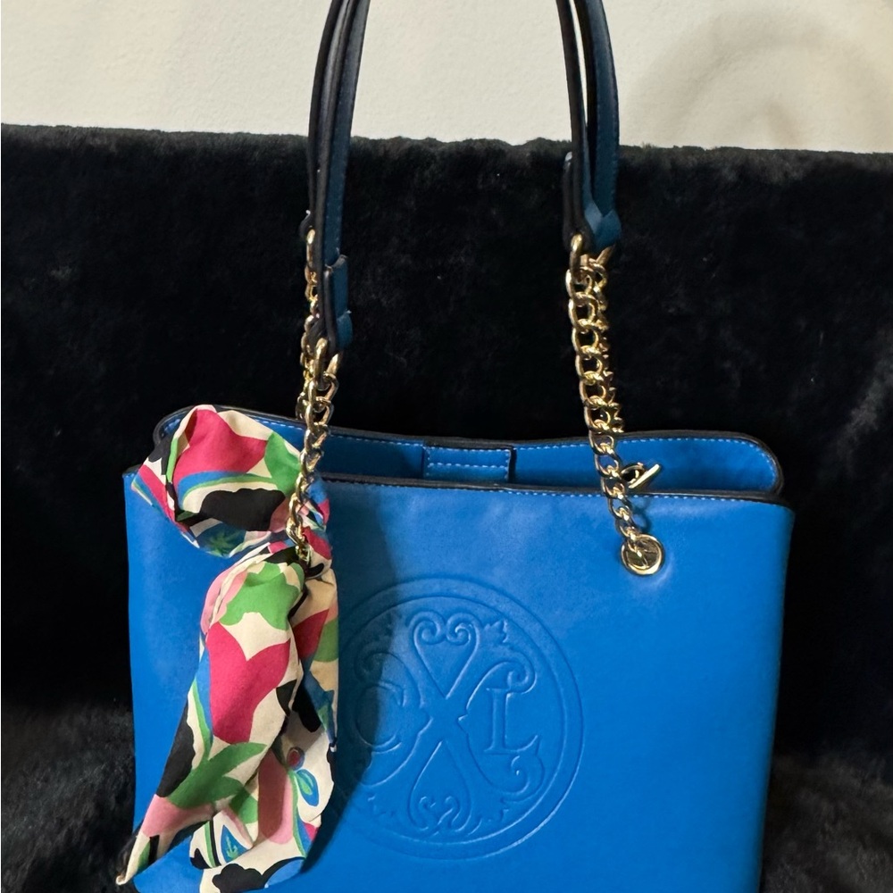 Christian Lacroix Blue and Gold Shoulder Bag with Chain Straps